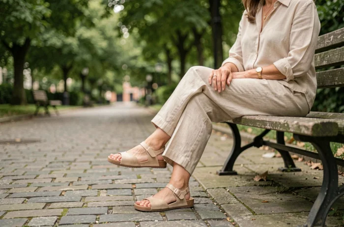Femme portant des sandales Scholl orthopédiques dans un parc urbain, illustrant le confort et le soutien pour la santé des pieds