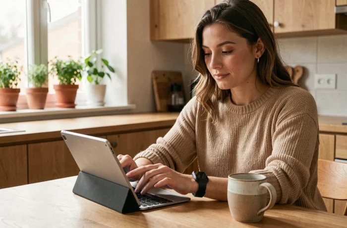 Jeune femme consultant ses données de santé personnalisées sur une tablette avec une montre connectée dans une cuisine moderne