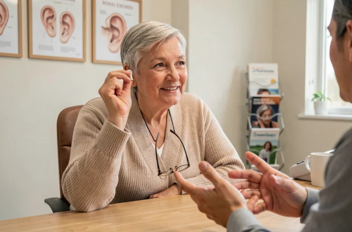 Femme senior tenant un appareil auditif contour d'oreille lors d'un rendez-vous chez l'audioprothésiste