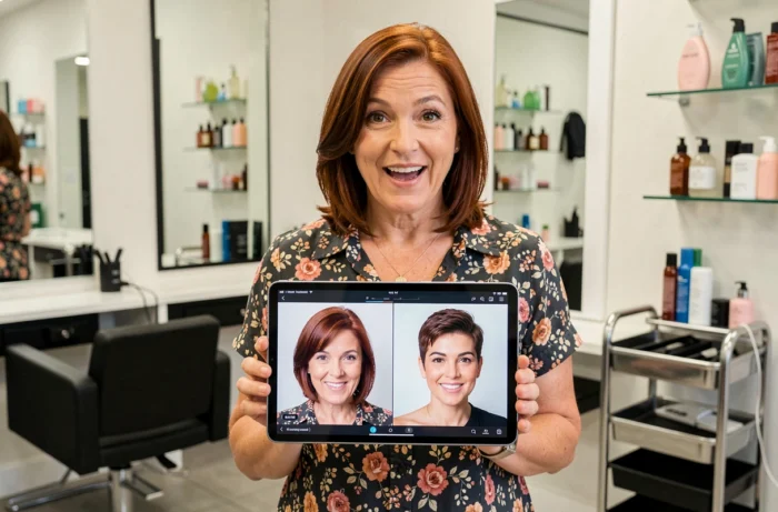 Donna in salone di bellezza che confronta la sua acconciatura attuale e una simulazione di taglio corto su tablet