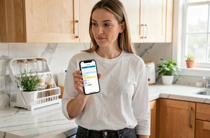 Femme consultant le plan du site Carnet de Bébé sur smartphone dans une cuisine familiale moderne