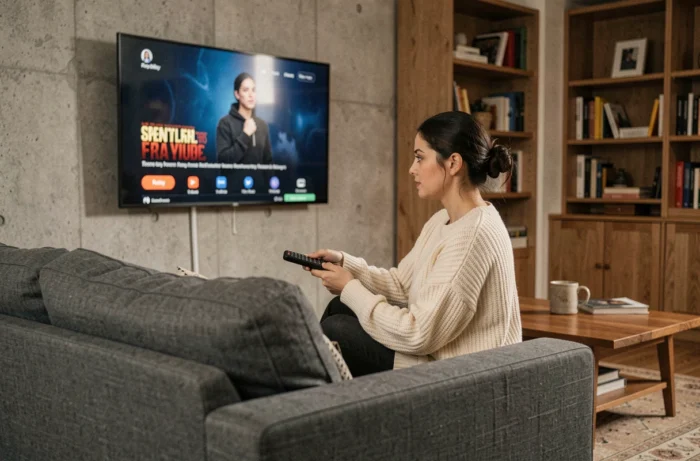 Femme installée sur un canapé regardant une série en streaming sur une télévision murale dans un salon moderne et cosy