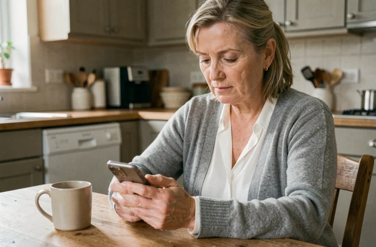 Femme d'une cinquantaine d'années téléchargeant une application de gestion de tutelle sur son smartphone à la maison