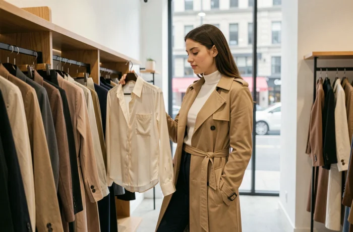 Jeune femme élégante en manteau beige découvrant les dernières tendances mode dans une boutique contemporaine