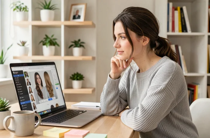Femme utilisant un testeur de coiffure en ligne sur son ordinateur portable dans un bureau à domicile scandinave