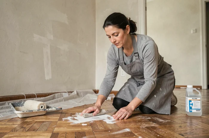 Une femme utilisant du white spirit sur un chiffon pour nettoyer un parquet en bois lors d'une rénovation intérieure