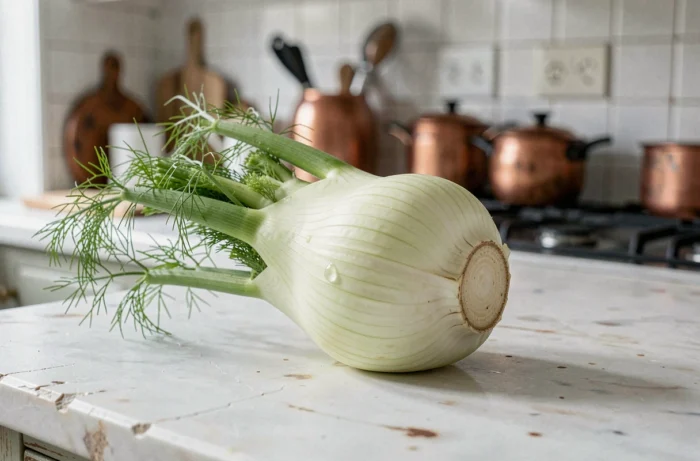 Fresh fennel bulb with delicate stalks and leaves placed on a marble countertop in a French kitchen