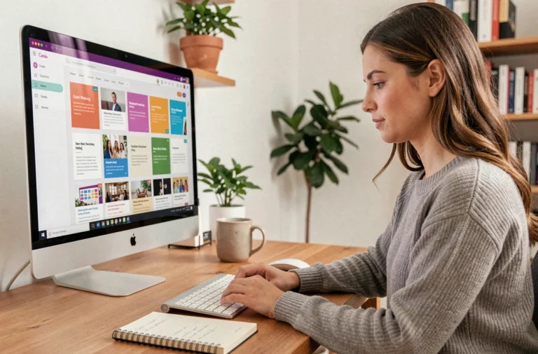 Femme suivant une formation Canva CPF pour créer des newsletters professionnelles sur son ordinateur à domicile