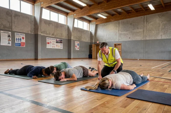 Groupe de stagiaires adultes pratiquant la position latérale de sécurité sous la supervision d'un formateur en secourisme dans un gymnase lors d'une session de formation pratique