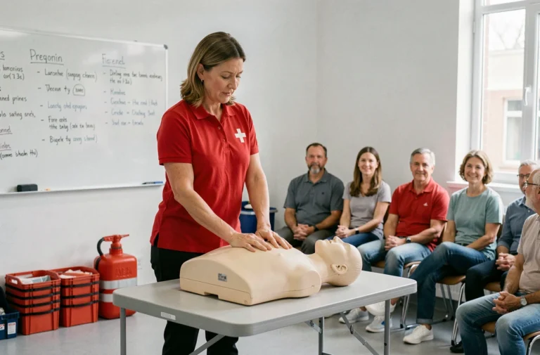Formatrice en secourisme démontrant la technique de compression thoracique sur un mannequin de RCP devant un groupe de stagiaires adultes dans une salle de formation moderne