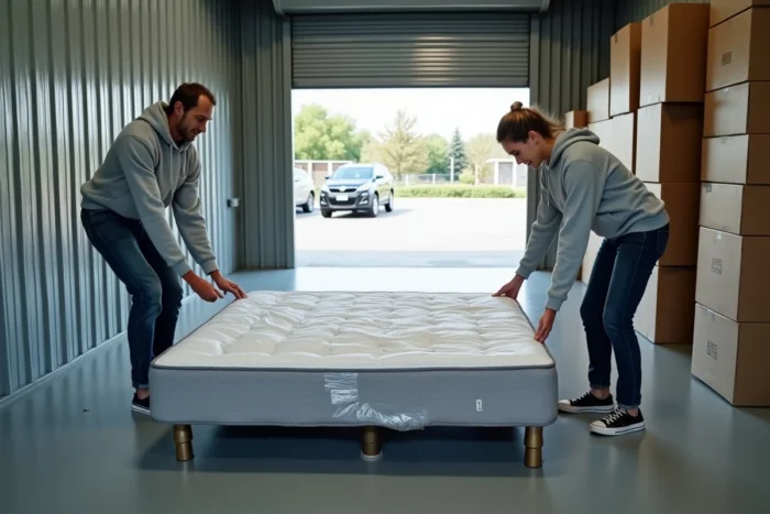 Deux personnes faisant glisser un sommier protégé par du film étirable sur le sol d'un garde-meuble avec des patins de déménagement