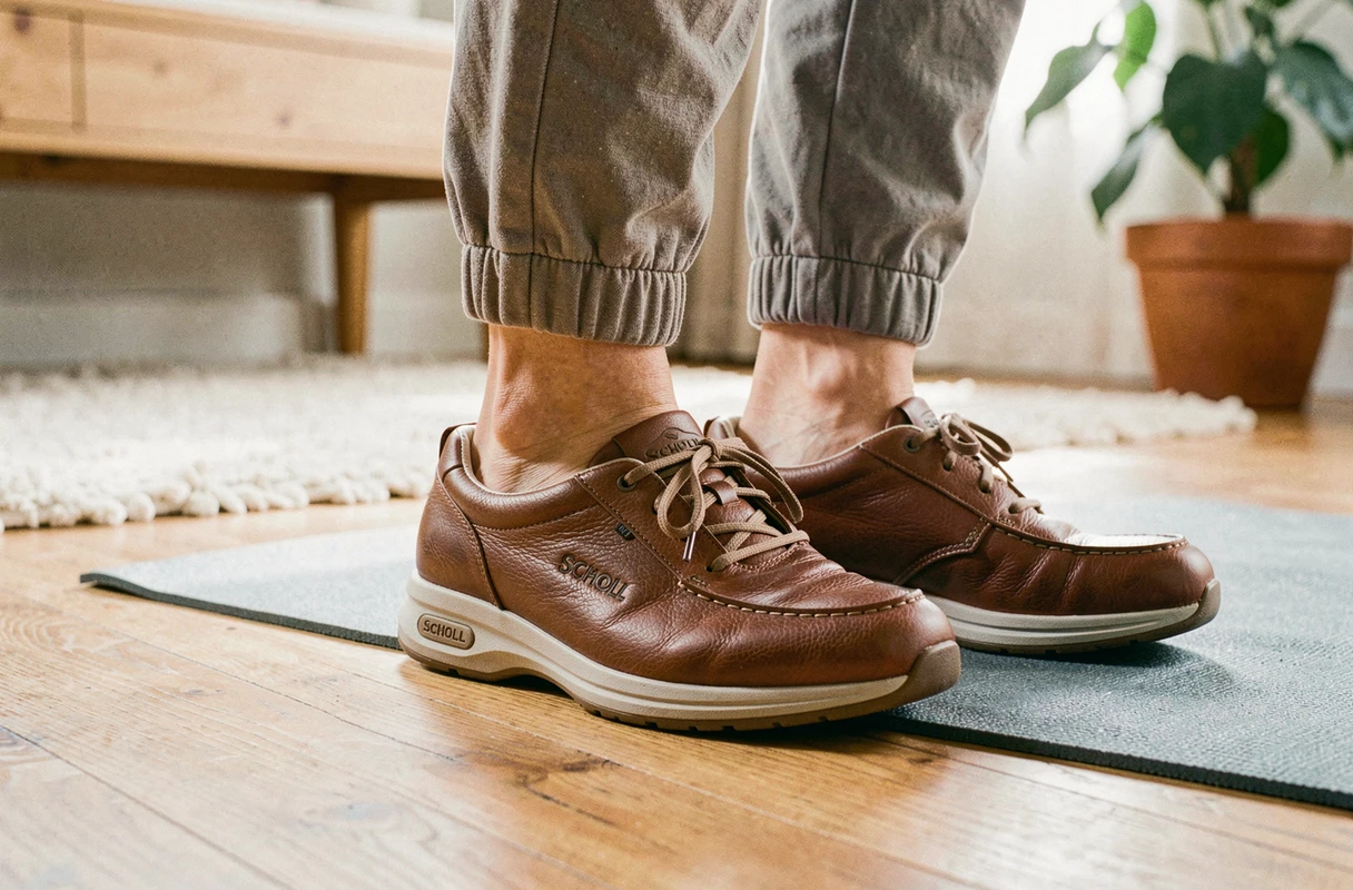 Gros plan de chaussures Scholl à semelle ergonomique sur un parquet en bois, illustrant le soutien de la voûte plantaire et le confort au quotidien