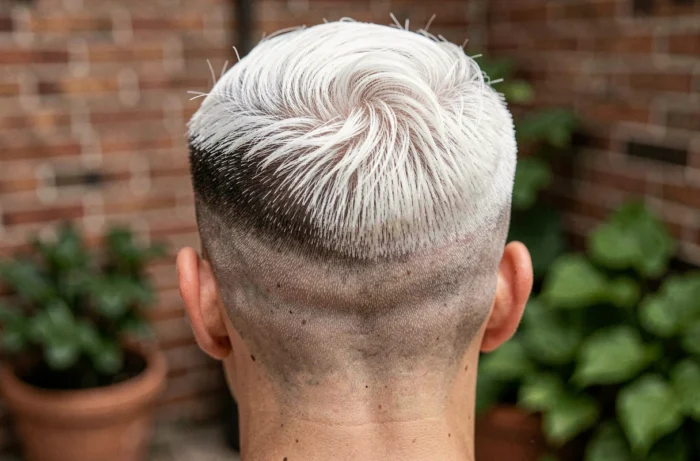 Vue de dos en gros plan d'un dégradé à blanc parfait sur une coupe courte masculine avec une transition nette sur la nuque
