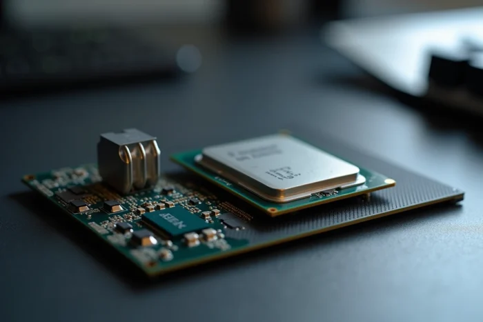 Gros plan hyper-réaliste d'un processeur CPU démontéposé sur un tapis antistatique avec accessoires informatiques