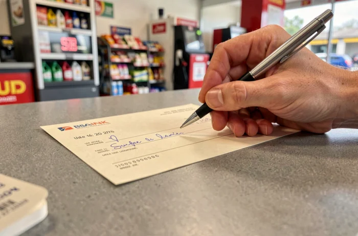 Gros plan sur la rédaction d'un chèque bancaire dans une station service française