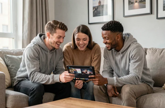 Groupe d'amis découvrant ensemble la nouvelle adresse Fanstream sur une tablette dans un salon moderne