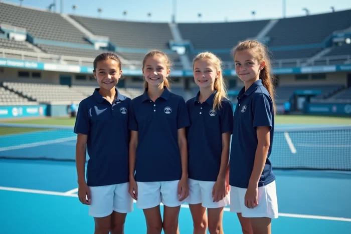Groupe de ramasseurs de balles en uniforme officiel alignés au filet d'un court de tennis professionnel