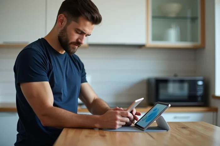Homme suivant un guide d'installation d'application Android avec tablette et smartphone dans une cuisine moderne