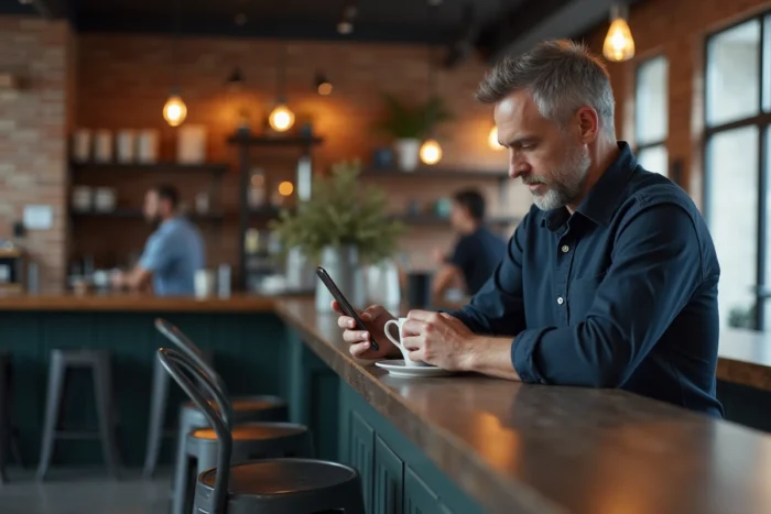 Homme lisant les nouvelles du jour sur son smartphone dans un café urbain moderne