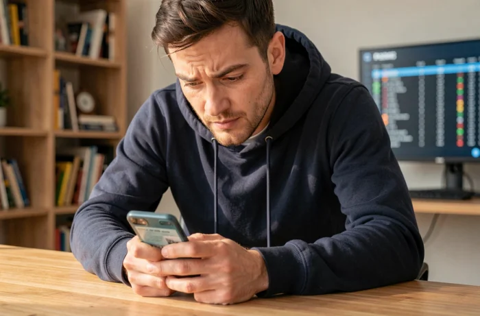 Homme consultant les dernières actualités sportives en temps réel sur son smartphone dans un bureau moderne