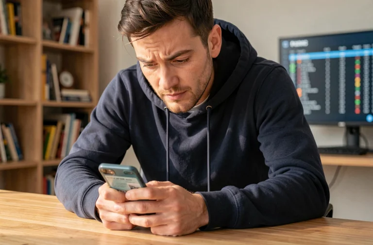 Homme consultant les dernières actualités sportives en temps réel sur son smartphone dans un bureau moderne