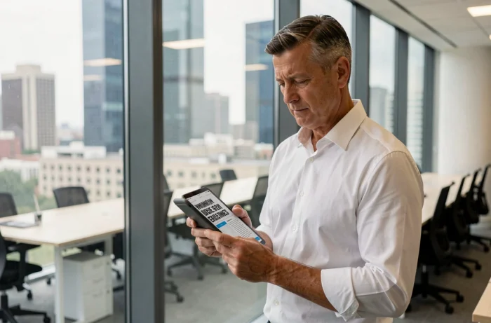 Uomo d'affari che legge le notizie su un tablet davanti a una grande finestra con vista sulla città in un ufficio moderno