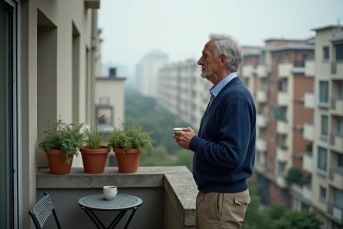 Homme mature sur le balcon d'un petit appartement urbain contemplant la densité immobilière de la ville