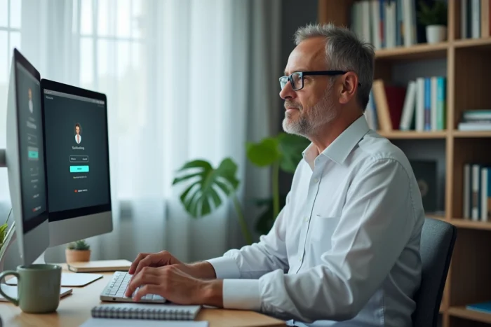 Homme adulte accédant à son espace Eduservices depuis un bureau à domicile avec double écran