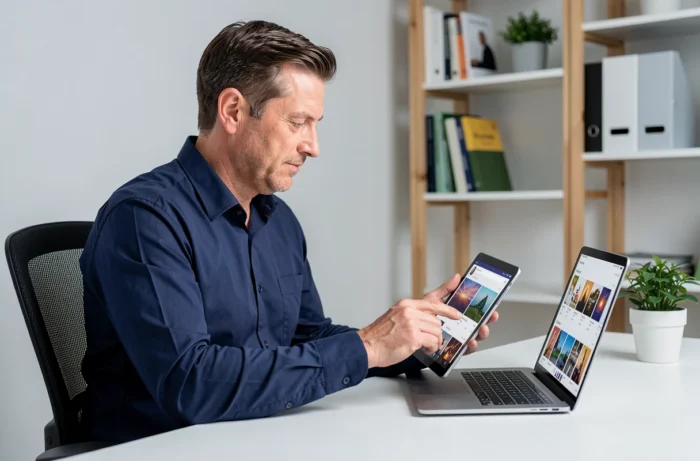 Man downloading an administrative management application on a tablet in a home office