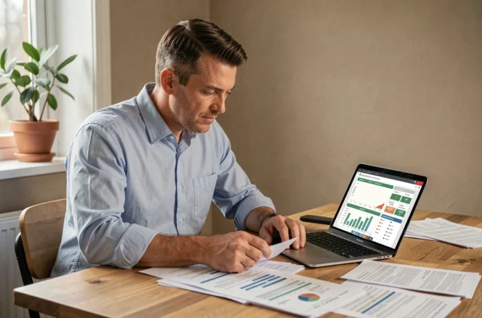 Homme comparant différents types de crédits sur ordinateur portable avec documents financiers sur table en bois