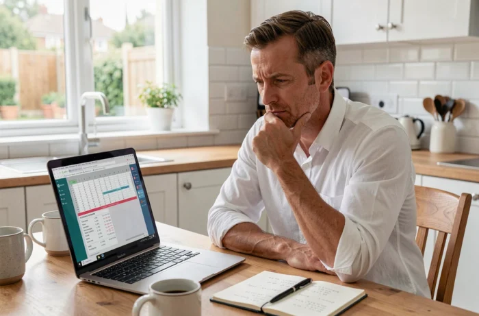 Homme comparant des offres de prêt immobilier sur son ordinateur à la maison