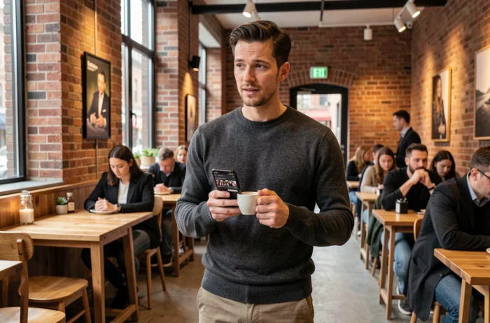 Homme consultant la nouvelle adresse Fanstream sur smartphone dans un café urbain tendance