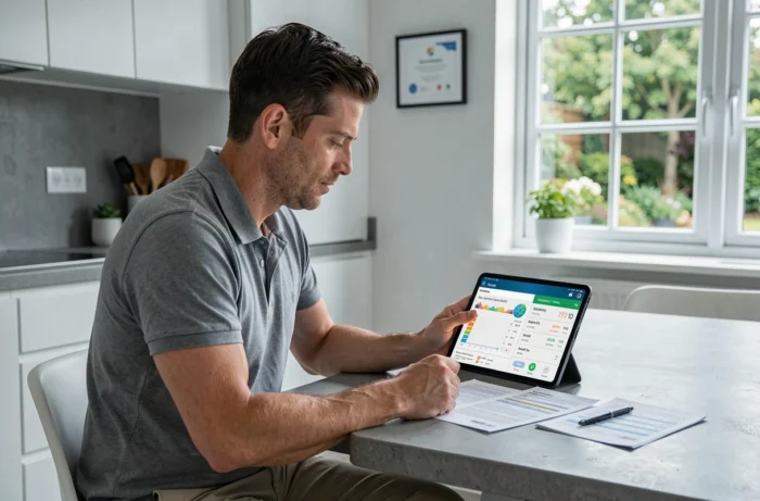 Homme consultant ses économies d'énergie solaire sur une tablette dans sa cuisine moderne