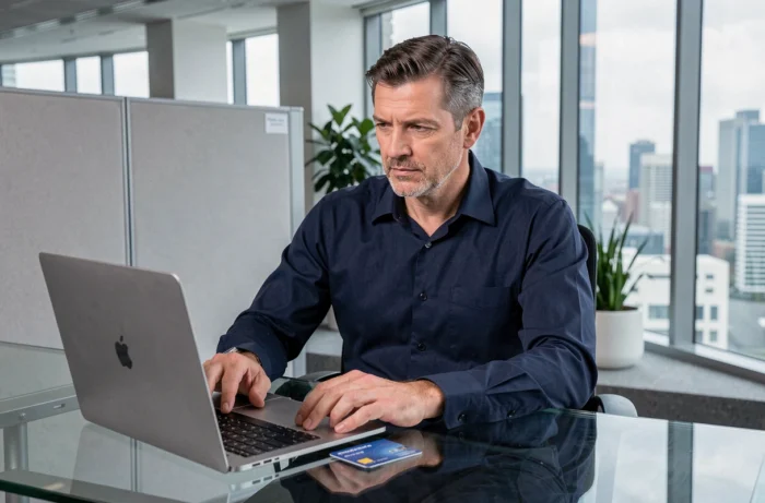 Homem gerenciando suas contas bancárias online em um laptop com um cartão bancário posicionado na mesa