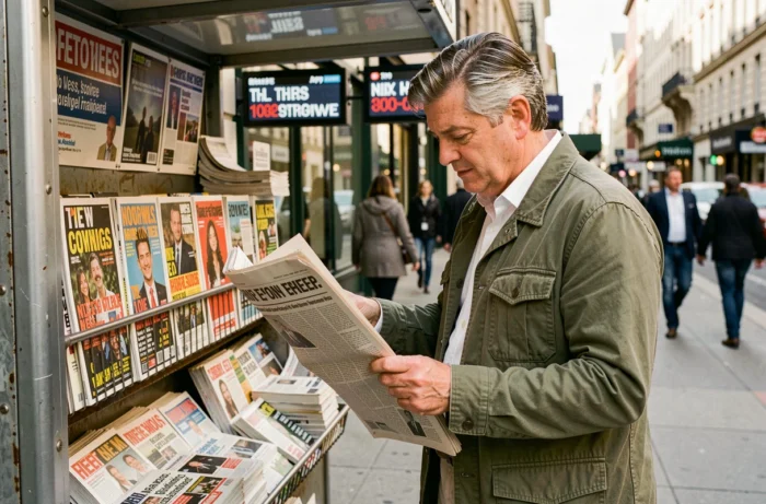 Homme lisant un journal papier devant un kiosque à journaux animé en ville