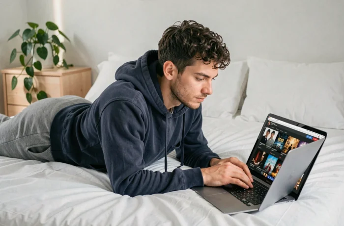 Homme allongé sur son lit utilisant un ordinateur portable pour regarder des séries sur une plateforme de streaming