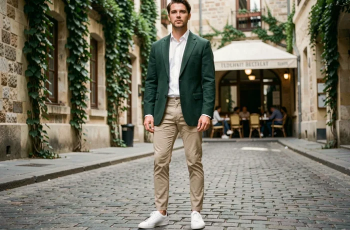 Uomo alla moda in blazer verde e sneakers bianche in una strada pavimentata europea, stile moda autunno-inverno