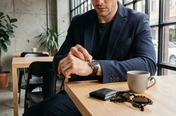 Uomo elegante che regola il suo orologio in pelle con accessori di moda posati su un tavolo di caffè contemporaneo