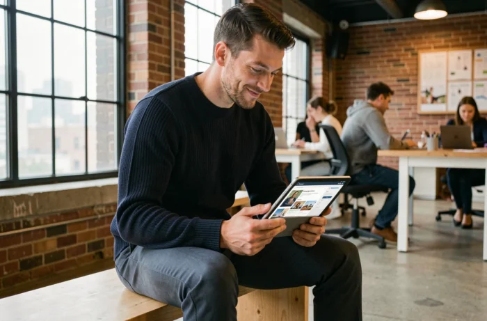 Homme découvrant les nouveautés et mises à jour du site Flow3 sur une tablette dans un espace de co-working urbain