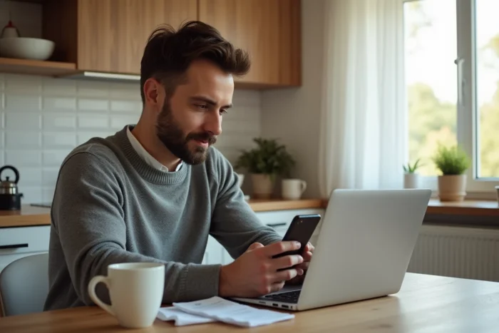 Homme gérant ses finances personnelles avec un ordinateur portable et un smartphone à la maison