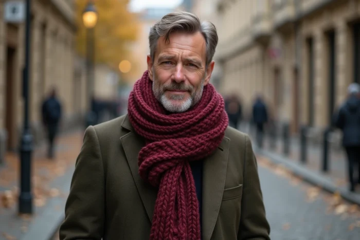 Homme portant une large écharpe en tricot chunky enroulée autour du cou dans une rue pavée en automne