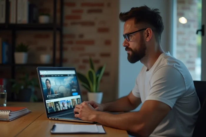 Homme cherchant des alternatives de streaming sur son ordinateur portable dans un bureau à domicile