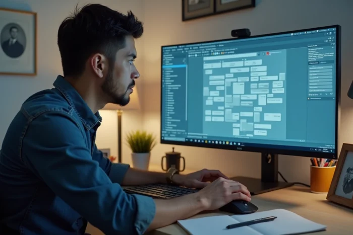 Homme effectuant des recherches généalogiques sur une plateforme d'archives en ligne depuis son bureau à domicile