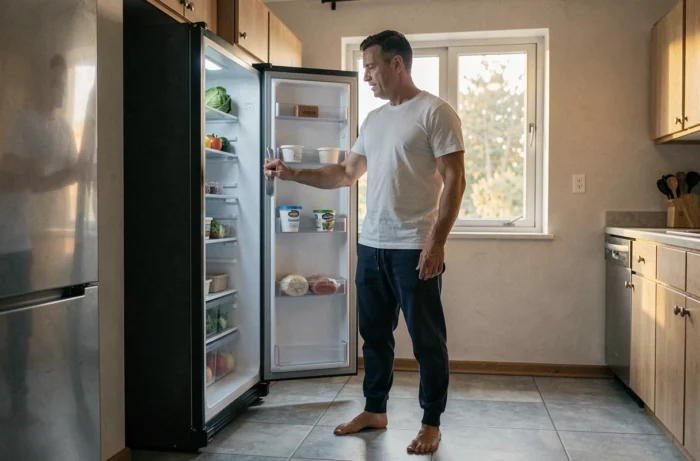 Homme hésitant devant un réfrigérateur presque vide, symbolisant la restriction alimentaire et le dilemme de sauter des repas pour maigrir