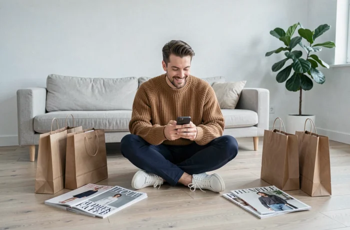 Trendy man in a camel sweater surrounded by fashion magazines and shopping bags in a Scandinavian apartment