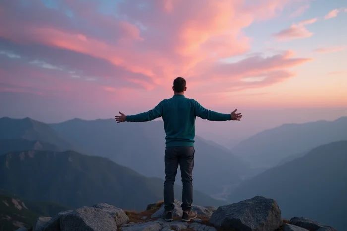 Homme au sommet d'une montagne contemplant un ciel vaste, symbolisant l'élévation spirituelle et la connexion à la 5e dimension