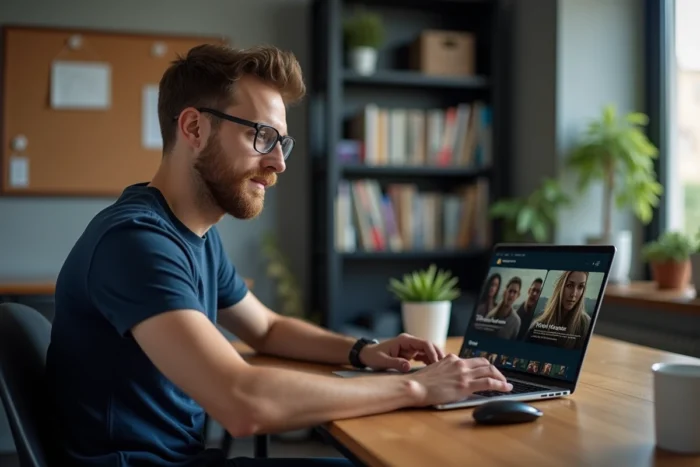 Homme regardant une série fantastique médiévale en streaming gratuit sur son ordinateur portable dans un bureau à domicile