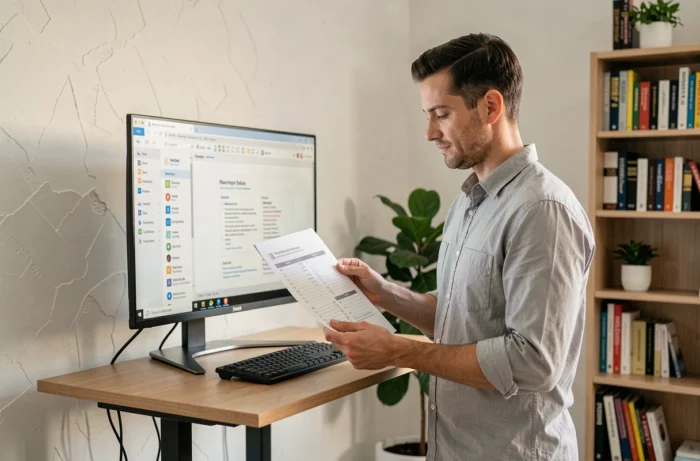 Homme en télétravail vérifiant un message de notification de changement d'adresse email professionnelle devant un écran
