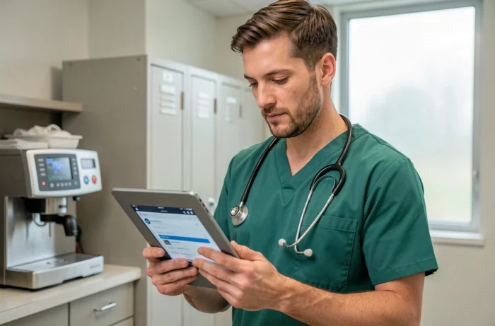 Infirmier consultant le plan du site Convergence Infirmière sur une tablette en salle de pause