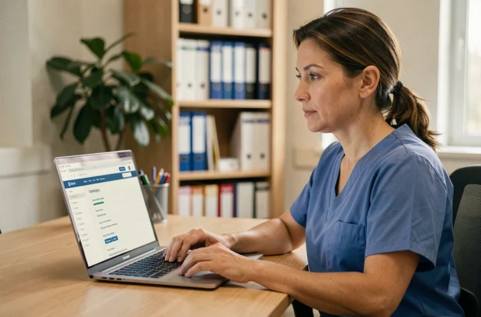 Infirmière naviguant sur le sitemap d'un site web infirmier depuis son bureau d'hôpital